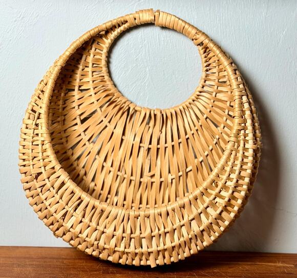 Other - 1970s Woven Wicker Wall Basket: Round Boho Farmhouse Decor (13-14" Tall)